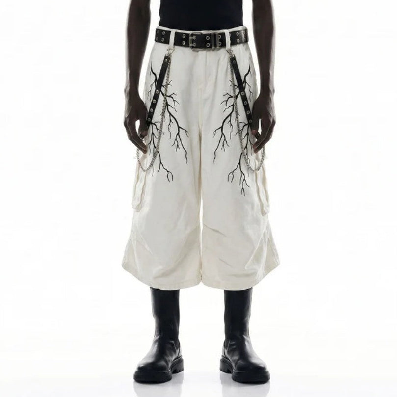 Thorn Graphic Detachable Chain Wide Leg Cargo Half Pants WN28115