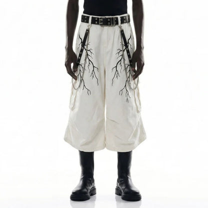 Thorn Graphic Detachable Chain Wide Leg Cargo Half Pants WN28115
