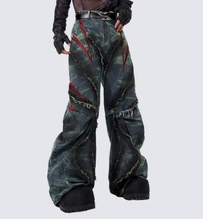 Frayed Panel Graphic Flare Denim Jeans WN27982
