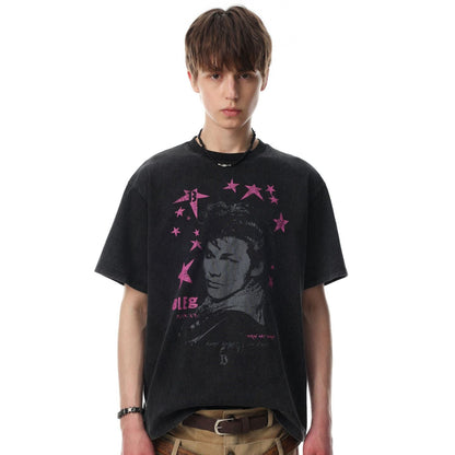 Washed Star Portrait Print Short Sleeve T-Shirt WN25535