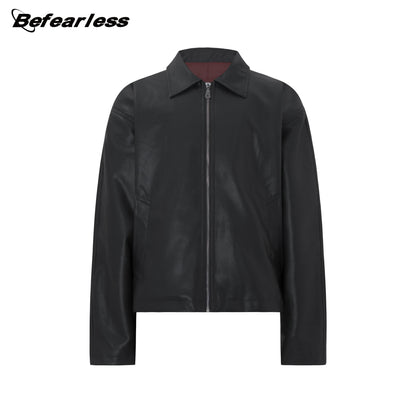 Turn-Down Collar PU Leather Jacket WN26269
