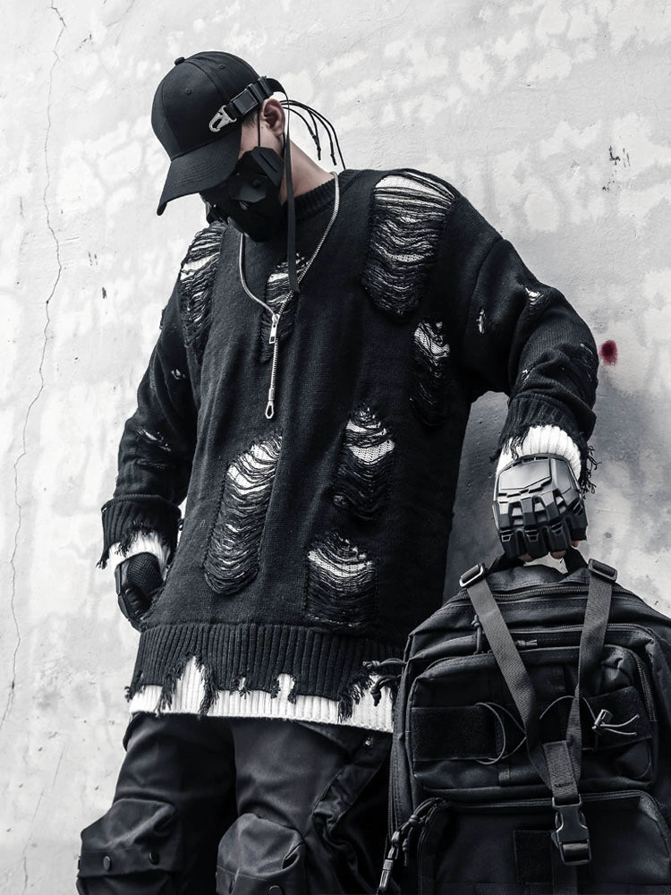 Damage Cutout Fake Layered Oversize Knit Sweater WN22309