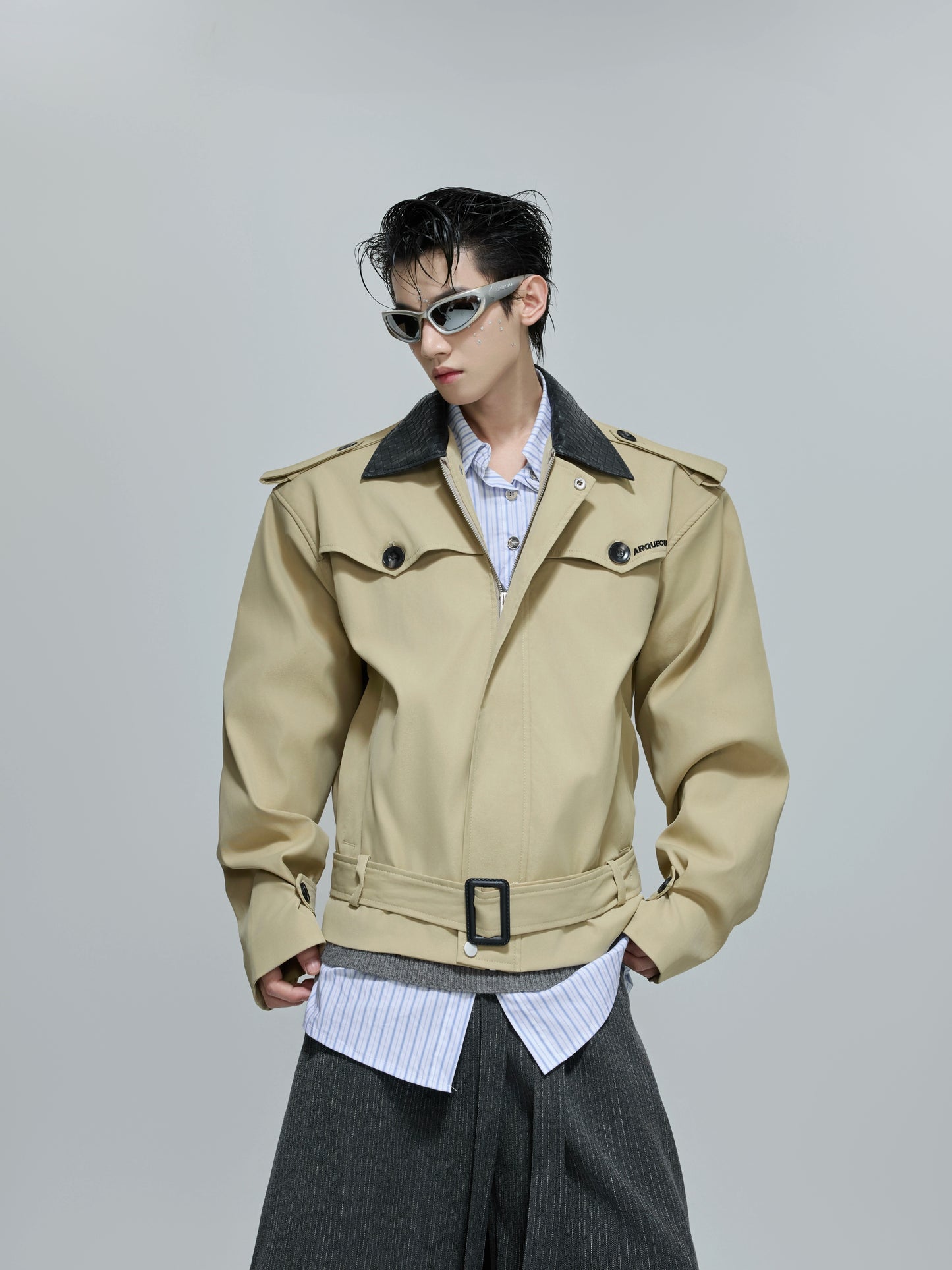 Woven Mix PU Leather Colorblock Short Trench Jacket WN21687
