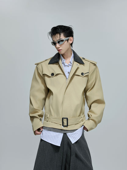 Woven Mix PU Leather Colorblock Short Trench Jacket WN21687