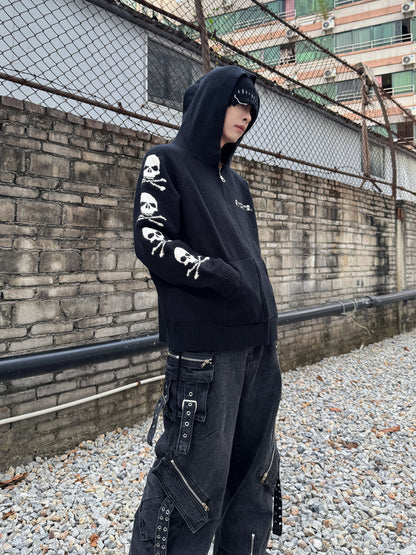 Skull Print Zipper Knit Hoodie WN22979
