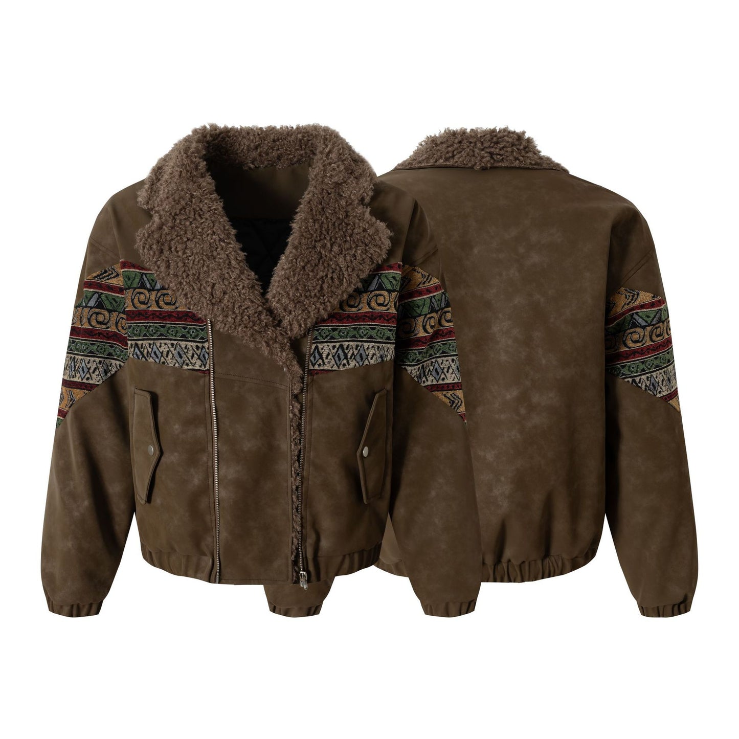 Fake Fur Collar Fleece Lining Mix Material PU Leather Jacket WN21892