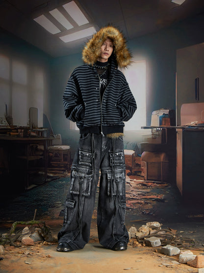 Studs Ribbon Washed Multi-Pocket Wide Leg Cargo Denim Jeans WN21348