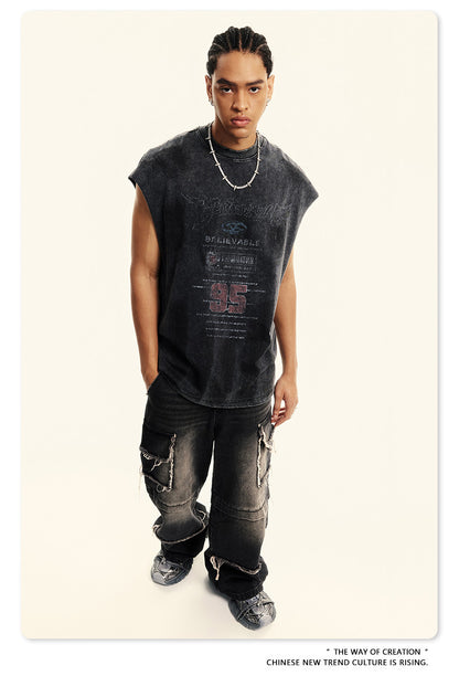 Washed Damage Print Oversize Tank Top T-shirt WN6391