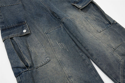 Washed Damage Multi-Pocket Curved Leg Denim Jeans WN26807