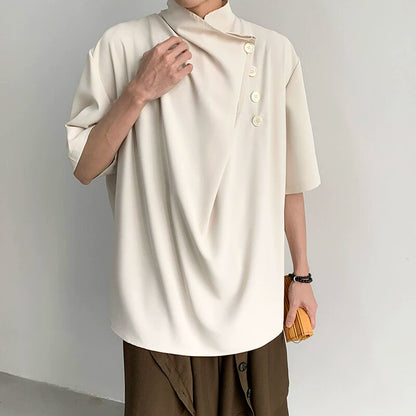 Chinese Style Asymmetrical Button Short Sleeve Shirt WN19319