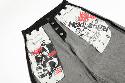 Print Deconstruction Wide Leg Denim Jeans WN25871