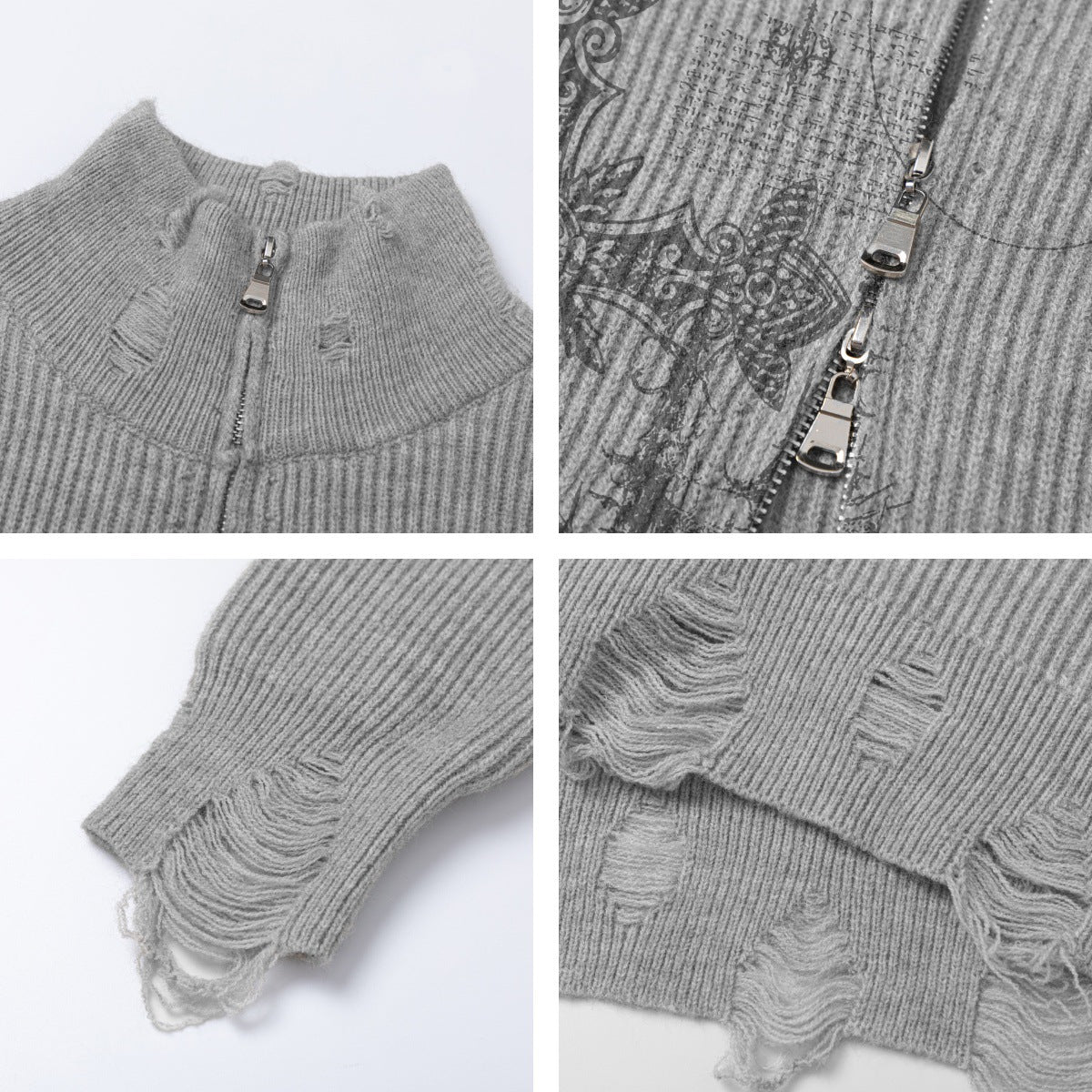 Damage Cross Pattern Zipper Knit Cardigan WN11188