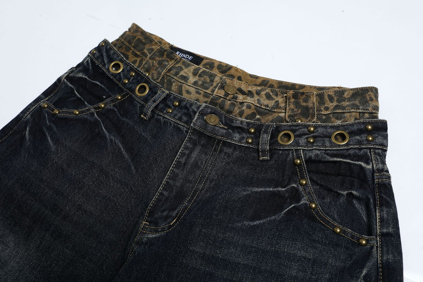 Fake Layered Leopard Print Wide Leg Denim Jeans WN26148