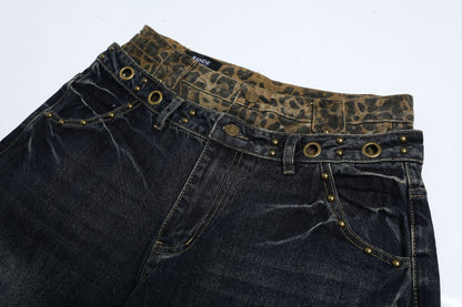 Fake Layered Leopard Print Wide Leg Denim Jeans WN26148