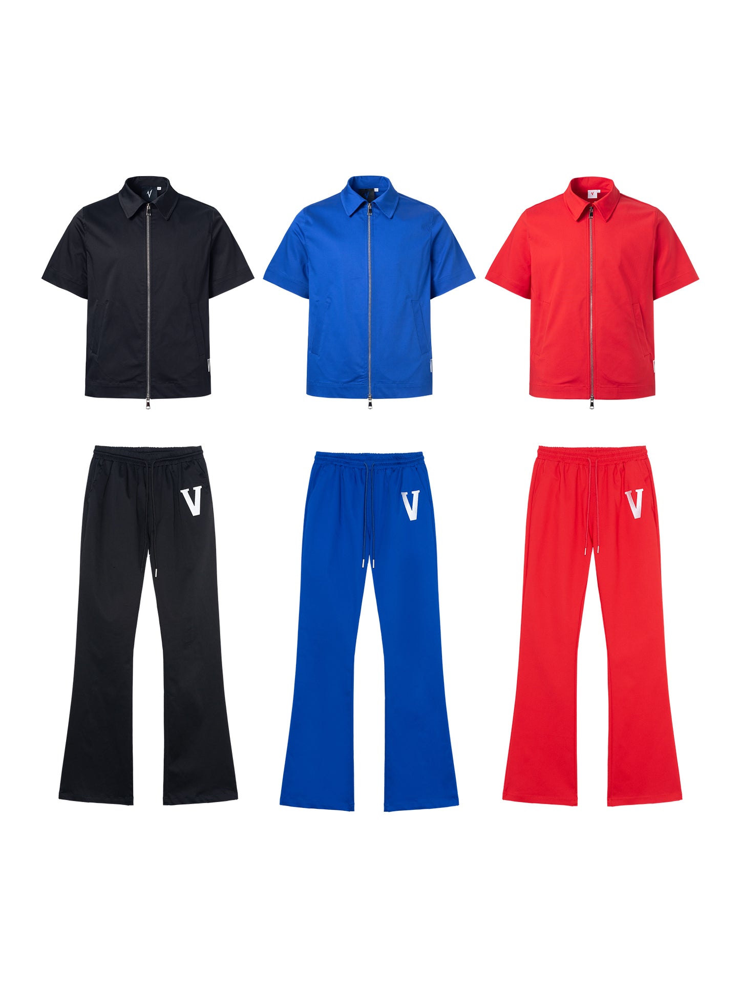 Embroidery Logo Short Sleeve Zipper Jacket & Straight Pants Setup WN21015