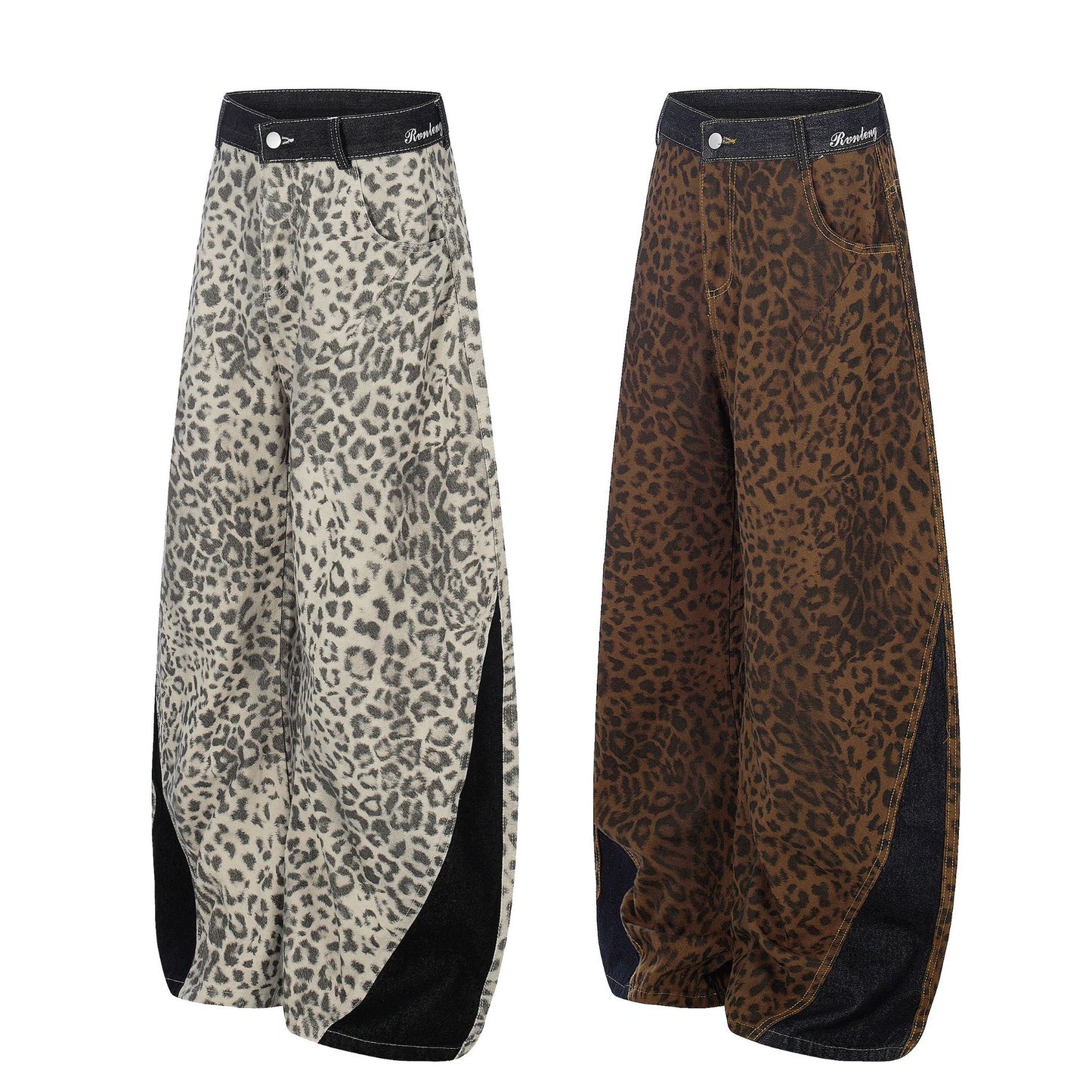 Leopard Print Curved Wide Leg Denim Jeans WN25679