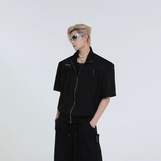 Short Sleeve Zipper Sweatshirt Jacket & Wide-Leg Straight Shorts Setup WN7331