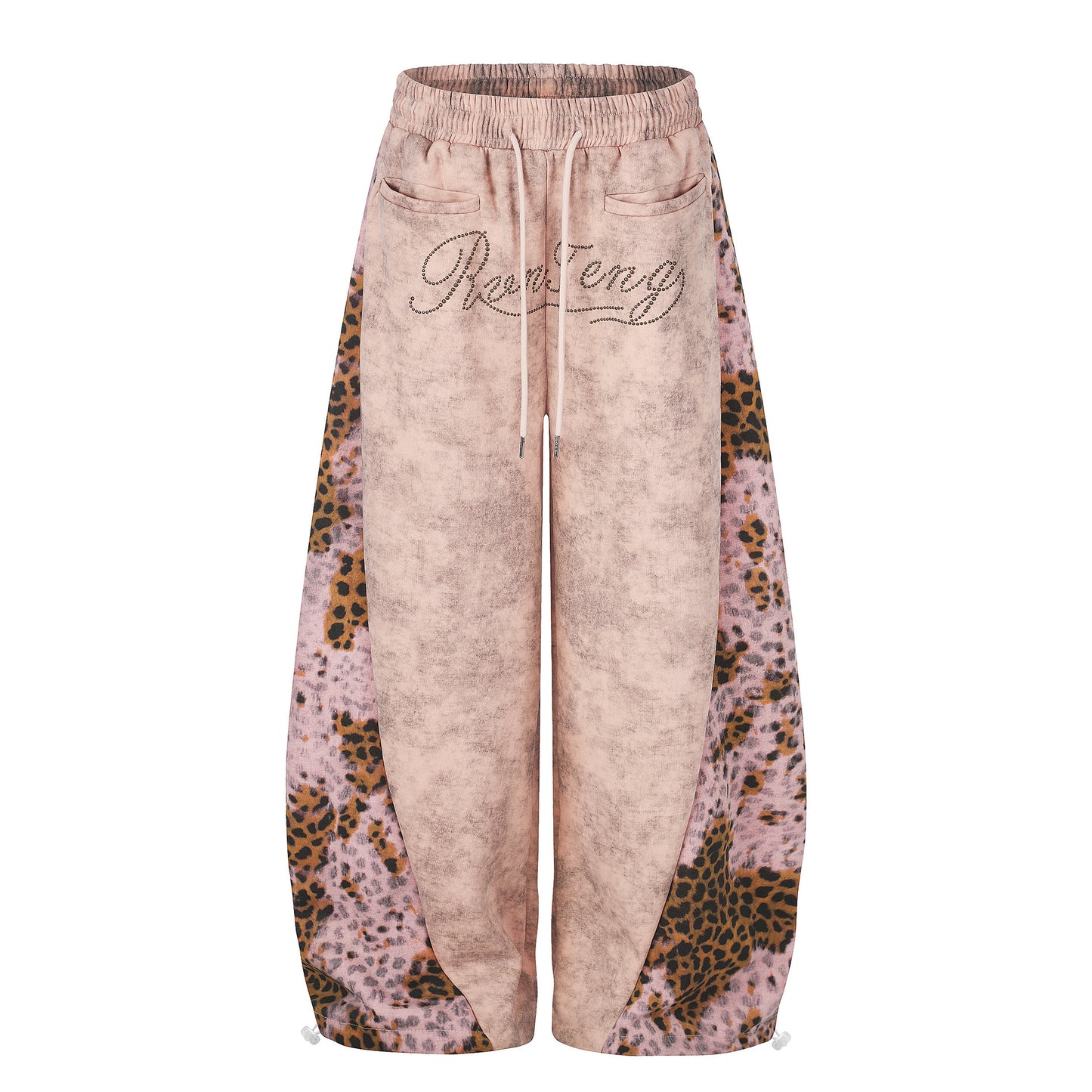 Leopard Print Curved Studs Wide Leg Sweatpants WN25700