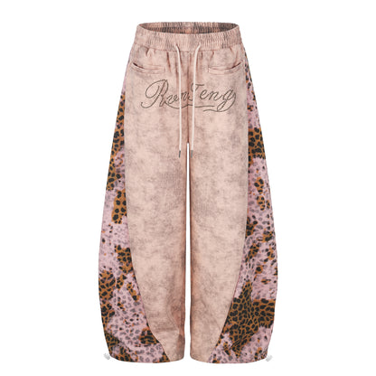 Leopard Print Curved Studs Wide Leg Sweatpants WN25700