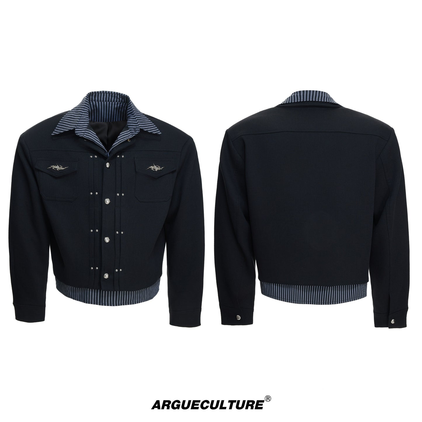 Stripe Fake Layered Metal Button Short Jacket WN23308