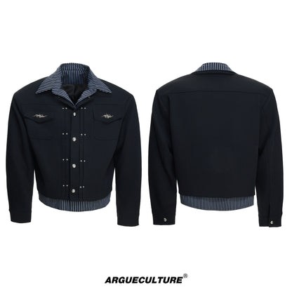 Stripe Fake Layered Metal Button Short Jacket WN23308