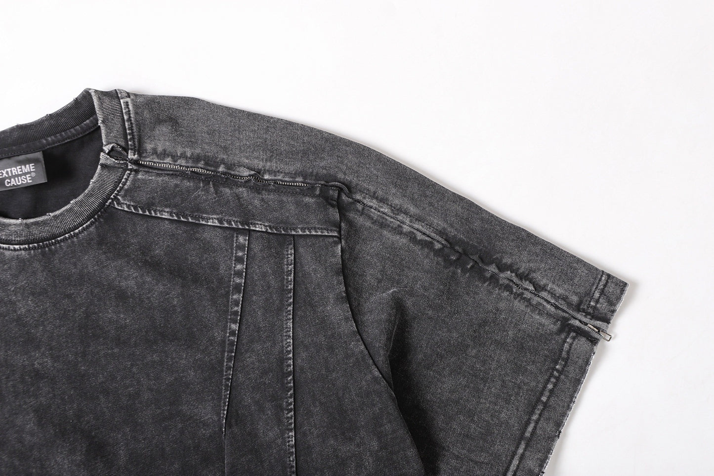 Washed Panel Design Zipper Detail Short Sleeve T-Shirt WN25377