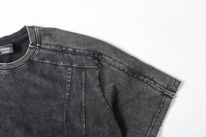 Washed Panel Design Zipper Detail Short Sleeve T-Shirt WN25377