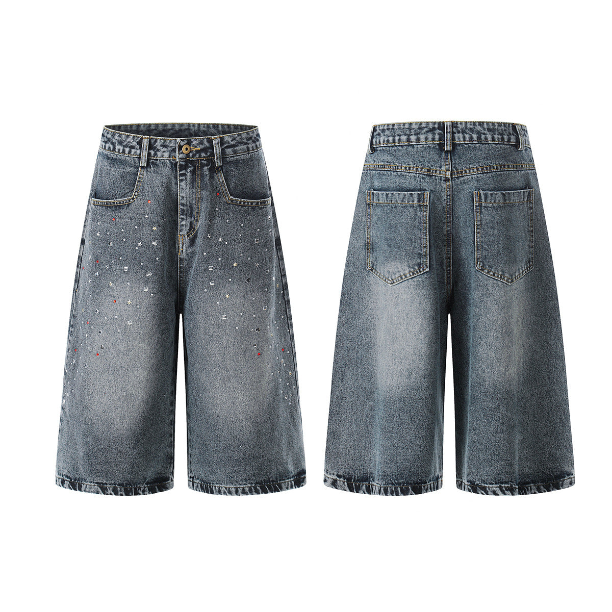 Washed Rhinestone Denim Wide Leg Half Pants WN25697