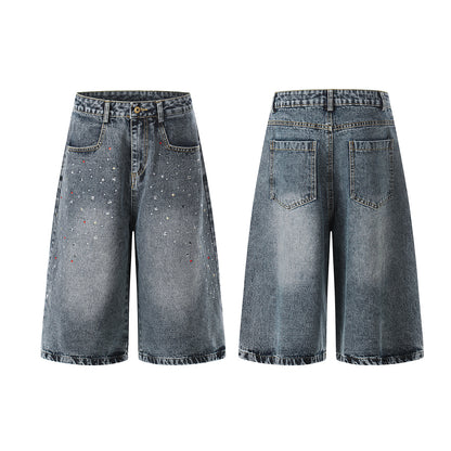 Washed Rhinestone Denim Wide Leg Half Pants WN25697