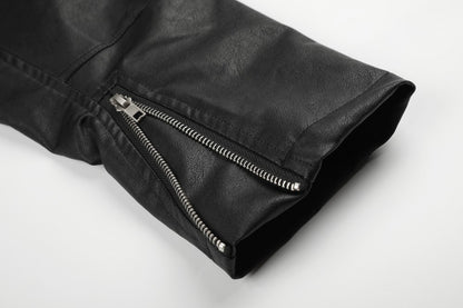 Stand Neck Double Studs Zipper PU Leather Jacket WN28068