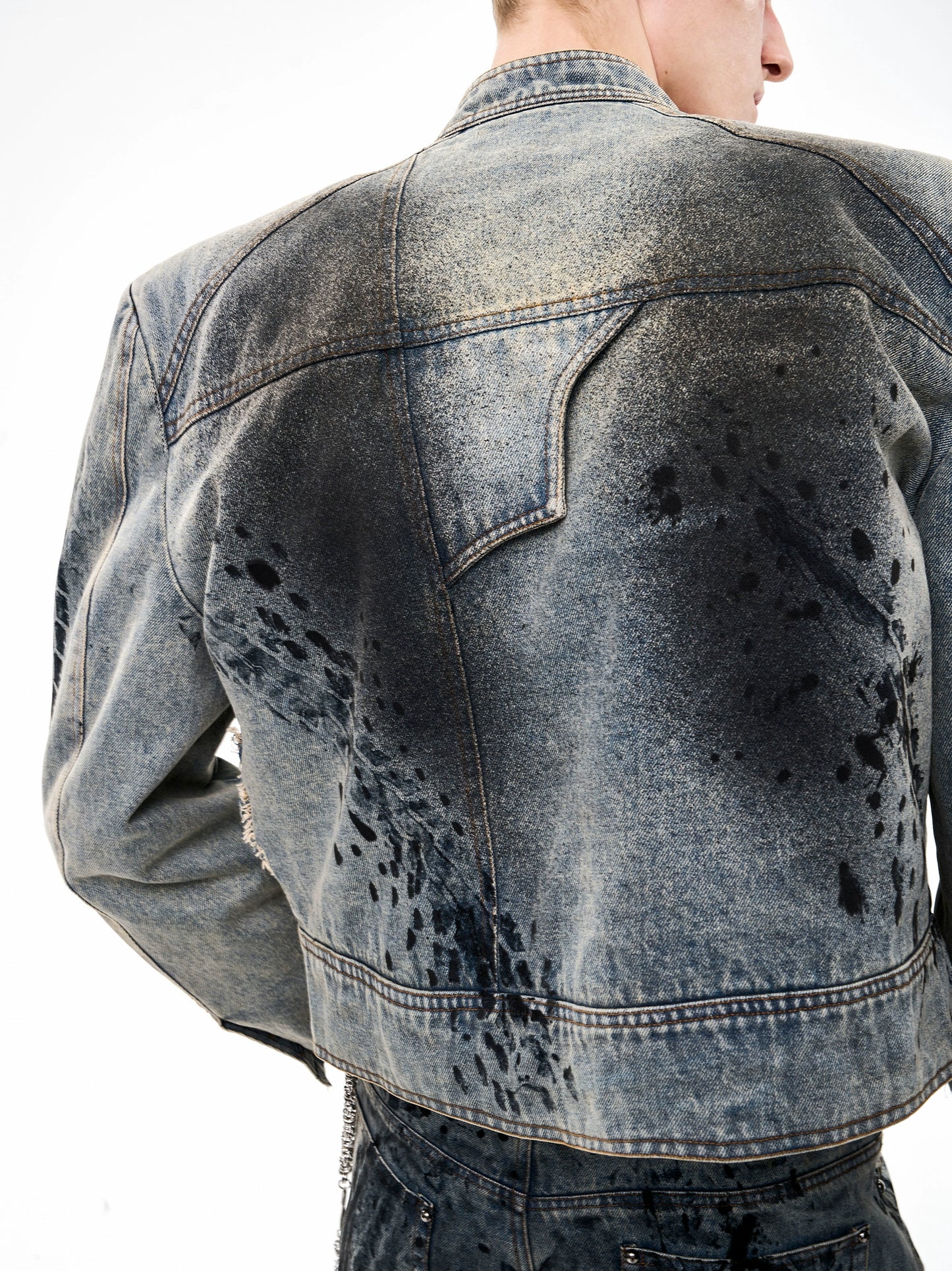 Tire Print Hight Neck Shoulder-pad Damage Denim Jacket & Denim Jeans Setup WN21793