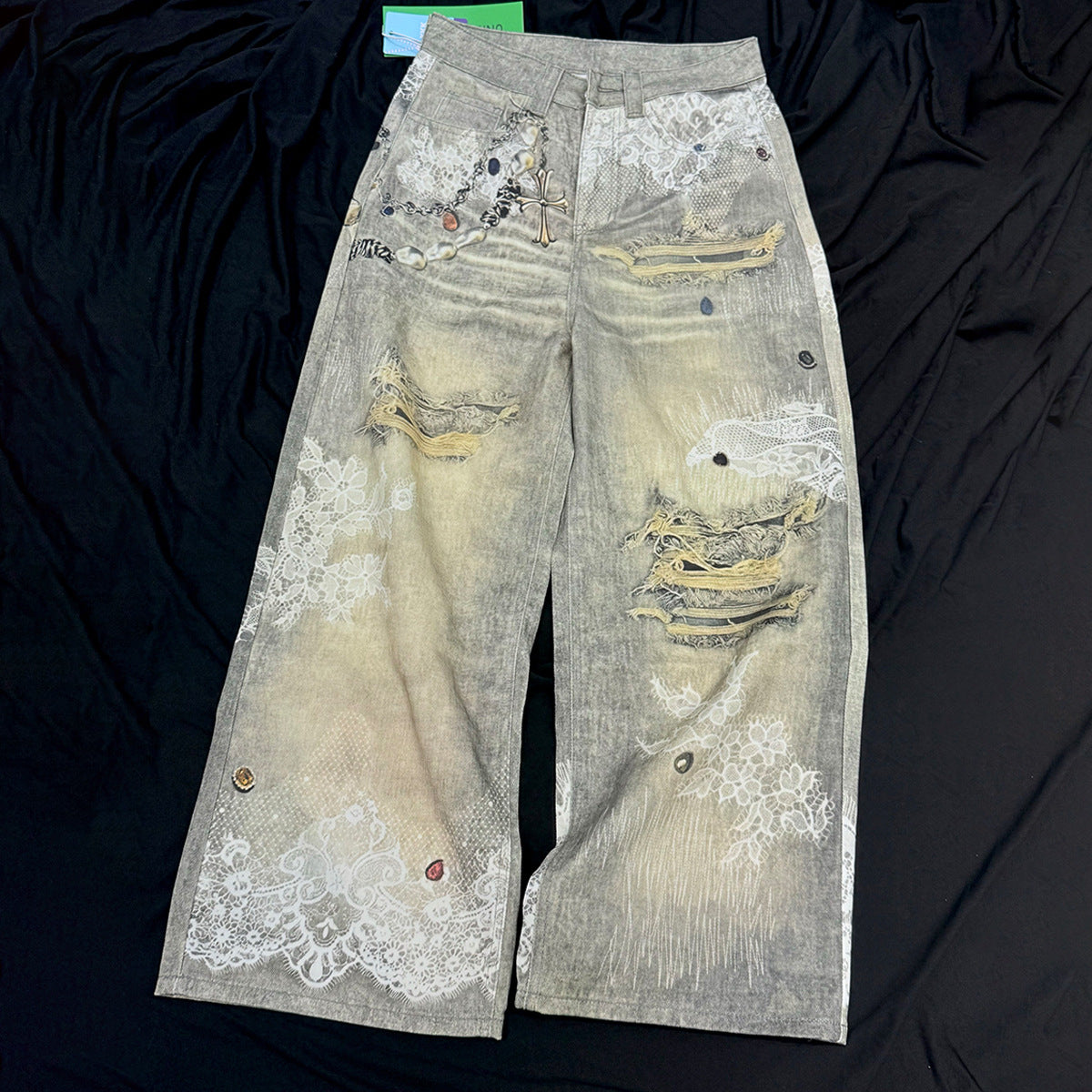 Lace Print Damage Washed Straight Denim Jeans WN18596