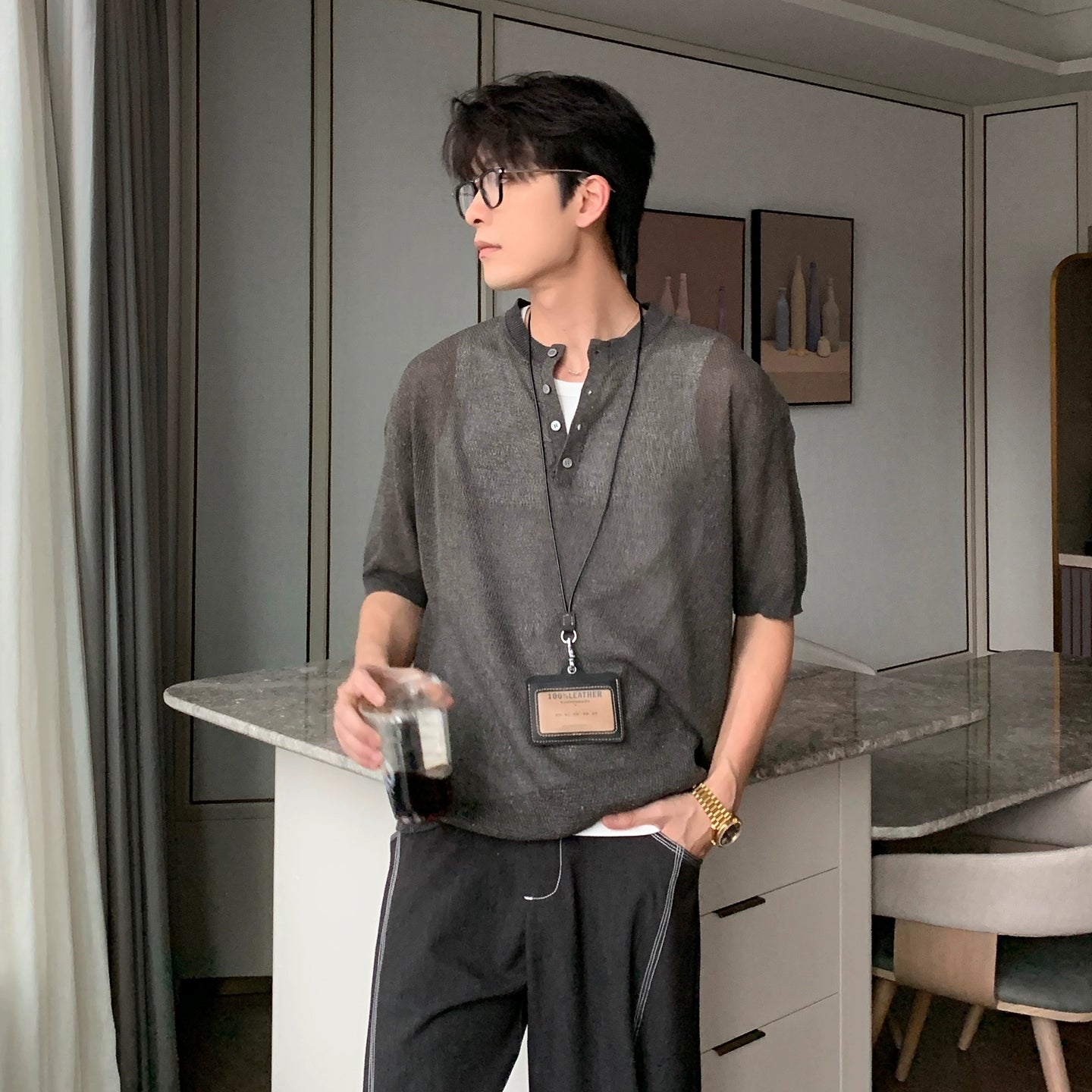 Cooling Linen Knit Henry Neck Short Sleeve T-Shirt WN20468