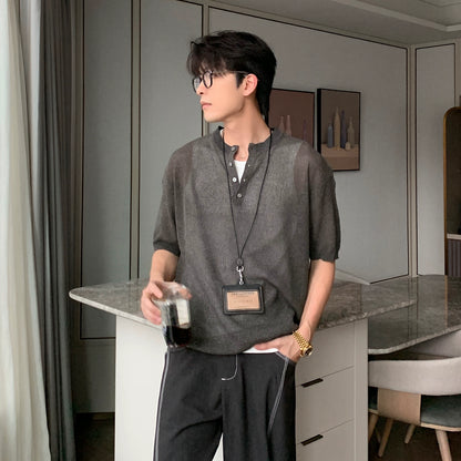 Cooling Linen Knit Henry Neck Short Sleeve T-Shirt WN20468