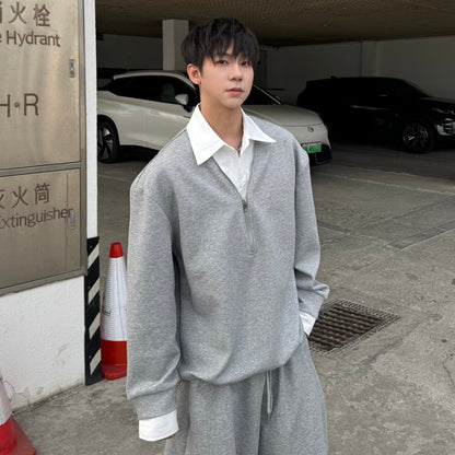 Fake Layered V-Neck Sweatshirt & Wide Leg Sweatpants Setup WN25208