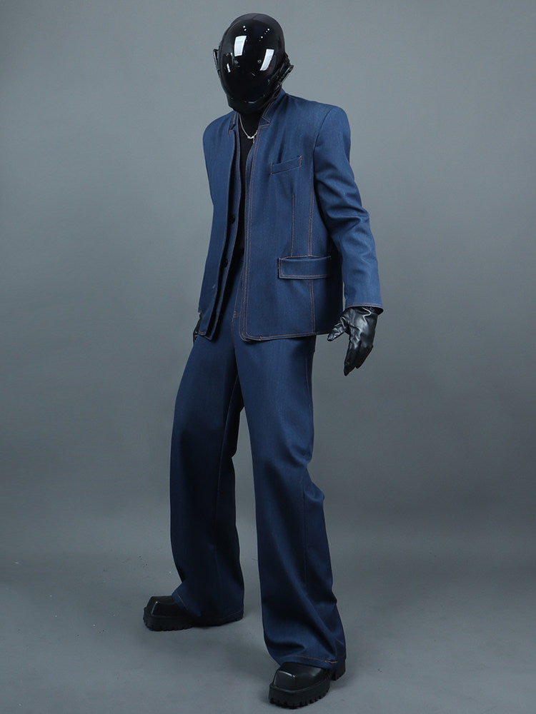 Standing-Collar Fake Layered Denim Jacket & Washed Wide Leg Denim Jeans Setup WN23757