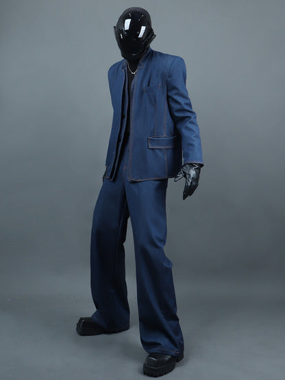 Standing-Collar Fake Layered Denim Jacket & Washed Wide Leg Denim Jeans Setup WN23757