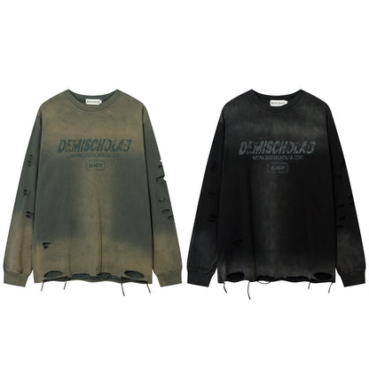 Damage Washed Gradient Letter Print Oversize Sweatshirt WN11174