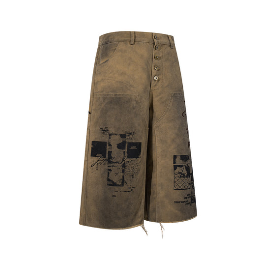 Washed Portrait Letter Print Denim Half Jeans WN25423