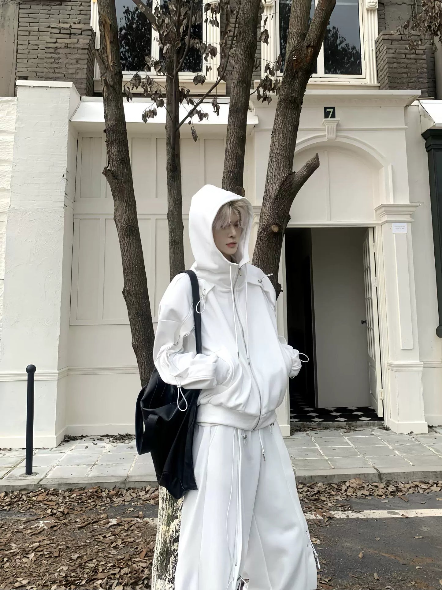 Drawstring Oversize Zipper Hoodie & Drawstring Wide Leg Sweatpants Setup WN19856