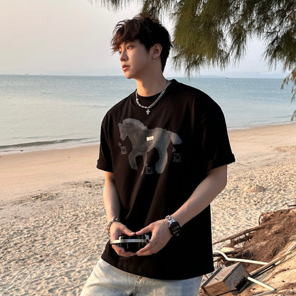 Horse Print Cotton Oversize Short Sleeve T-Shirt WN25253