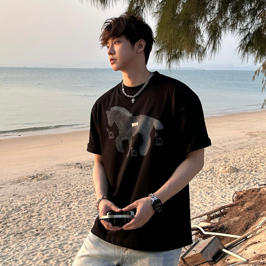 Horse Print Cotton Oversize Short Sleeve T-Shirt WN25253