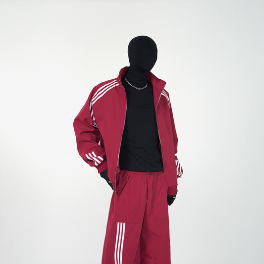 Three-Stripe Stand Neck Water-Repellent Jacket & Curved Wide Leg Pants Setup WN24142