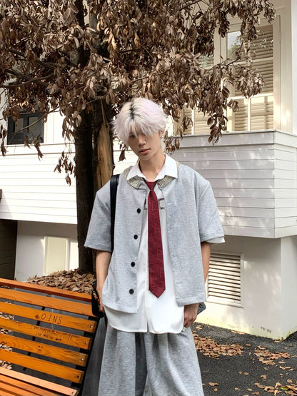 Hand-Beaded Short Sleeve Shirt & Wide Leg Sweatpants Setup WN19813