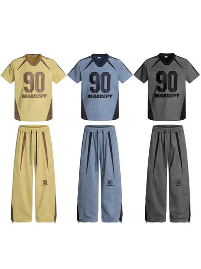Number Graphic Short Sleeve T-Shirt & Stripe Wide Leg Pants Setup WN28062