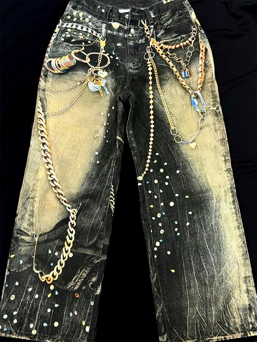 Chain Paint  3D Print Washed Wide Leg Denim Jeans WN25475