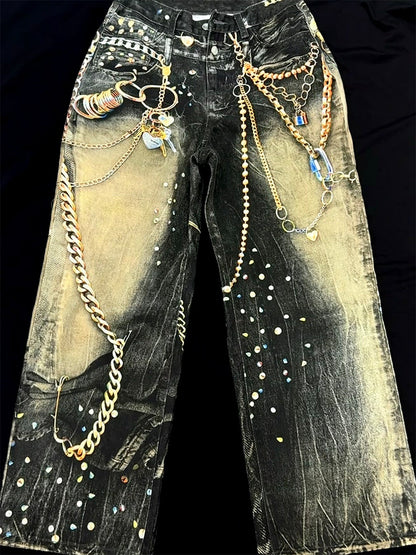Chain Paint  3D Print Washed Wide Leg Denim Jeans WN25475