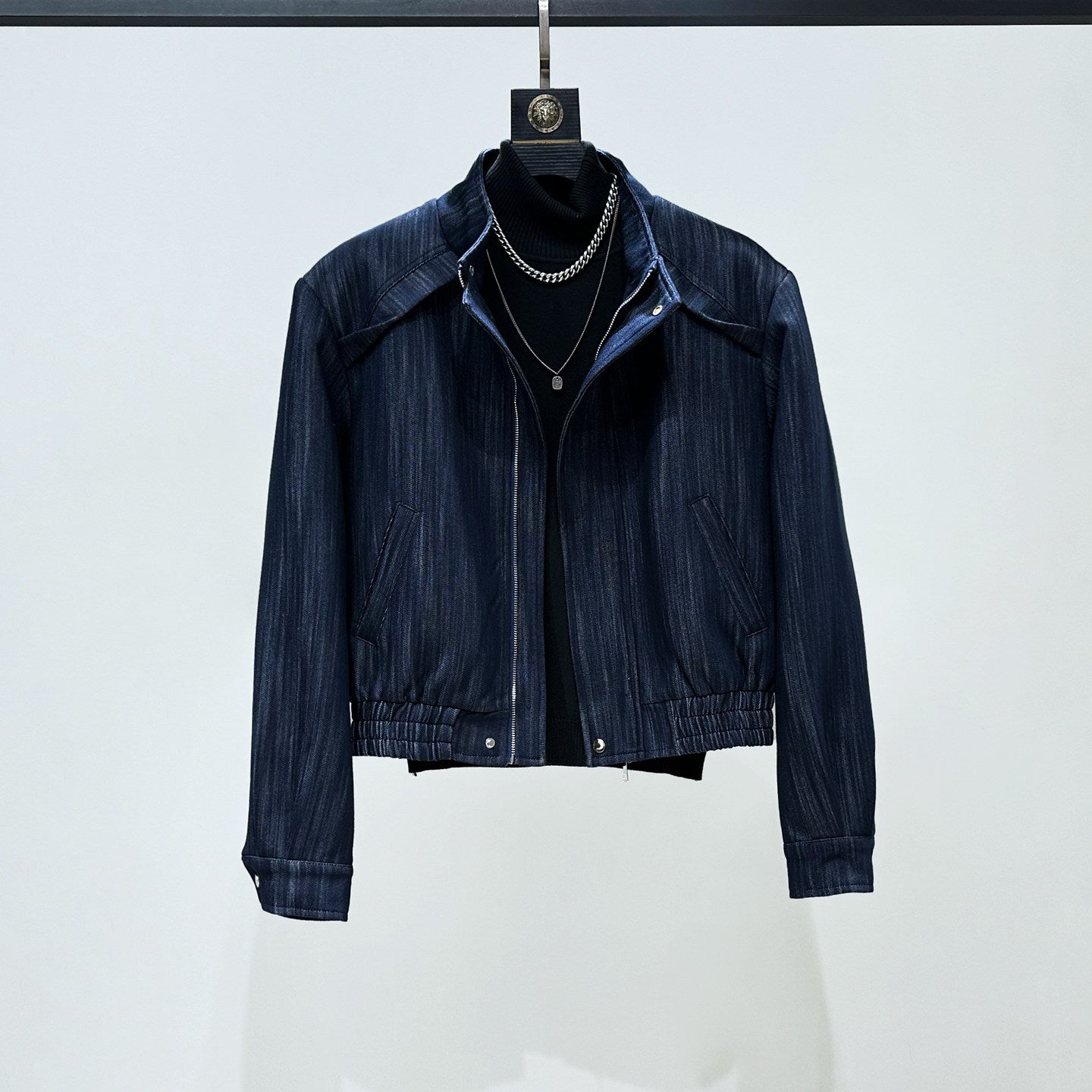 Deconstructed Textured Standing-Collar Short Jacket & Wide Leg Trousers Setup WN23871