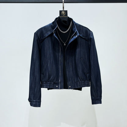 Deconstructed Textured Standing-Collar Short Jacket & Wide Leg Trousers Setup WN23871