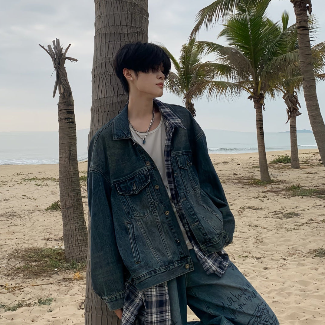 Plaid Patchwork Oversize Denim Jacket WN19769